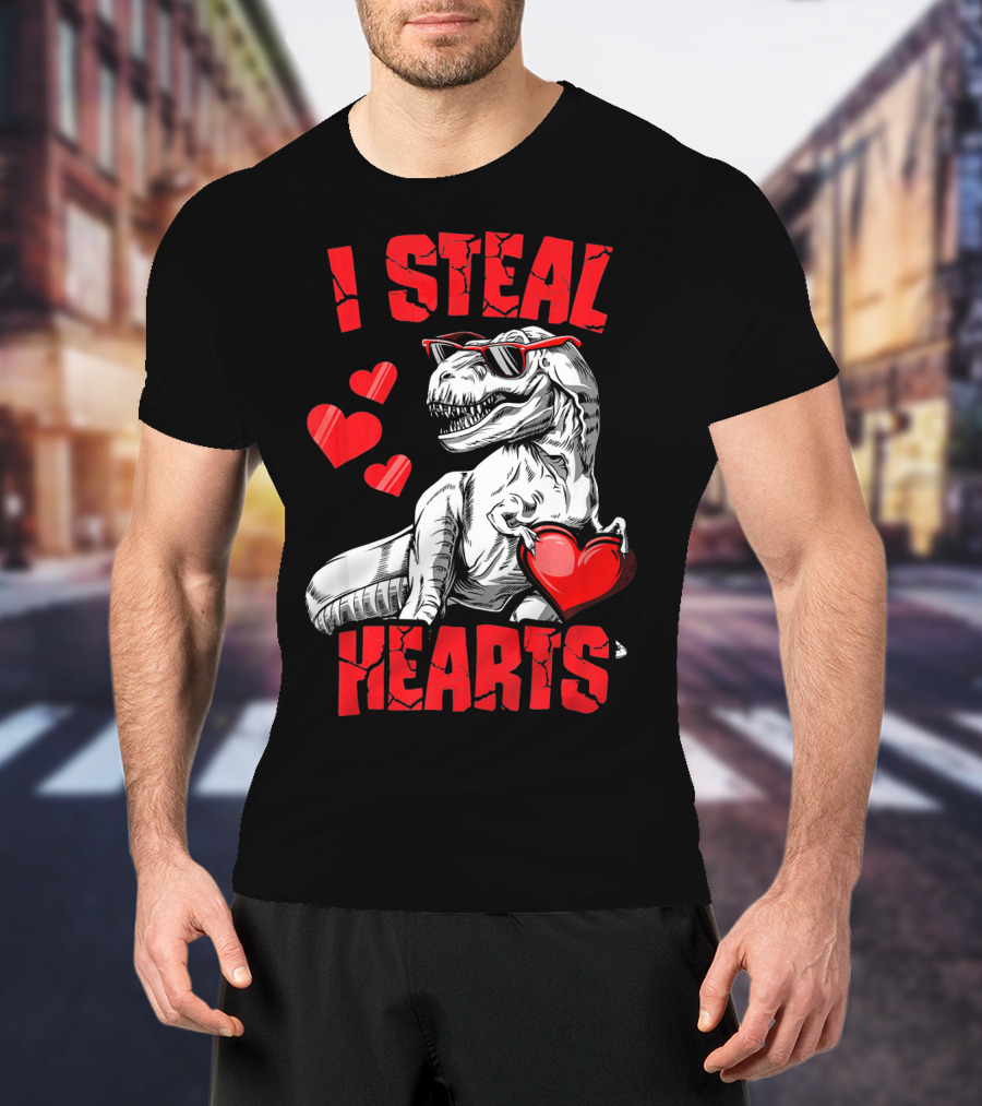 I Steal Hearts Boys Valentines Day Kids Dinosaur T-Shirt