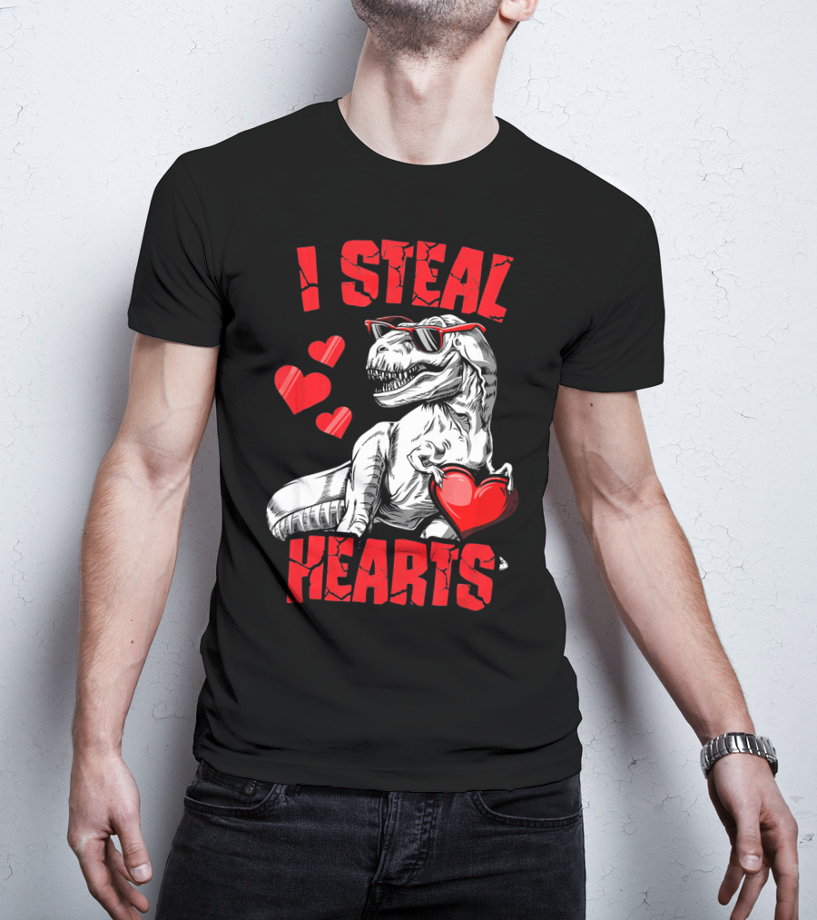 I Steal Hearts Boys Valentines Day Kids Dinosaur T-Shirt