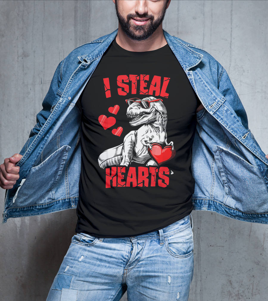 I Steal Hearts Boys Valentines Day Kids Dinosaur T-Shirt