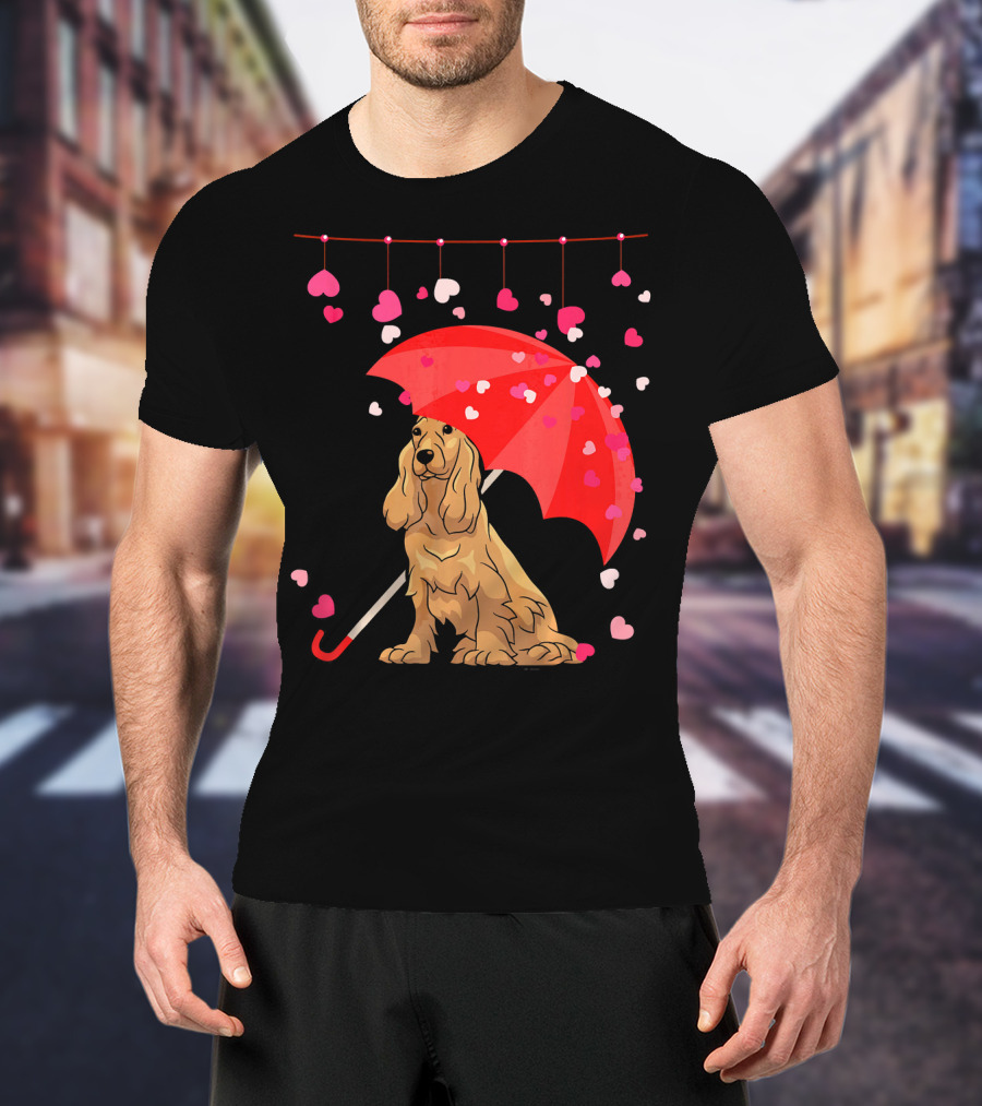 Cocker Spaniel Under Red Umbrella With Falling Hearts Valentines T-Shirt