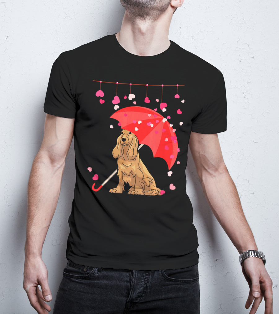 Cocker Spaniel Under Red Umbrella With Falling Hearts Valentines T-Shirt