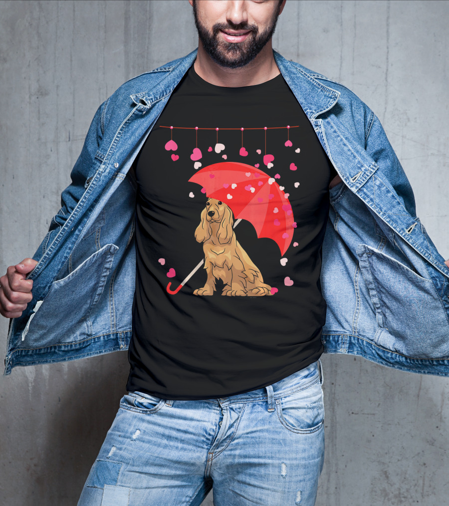 Cocker Spaniel Under Red Umbrella With Falling Hearts Valentines T-Shirt