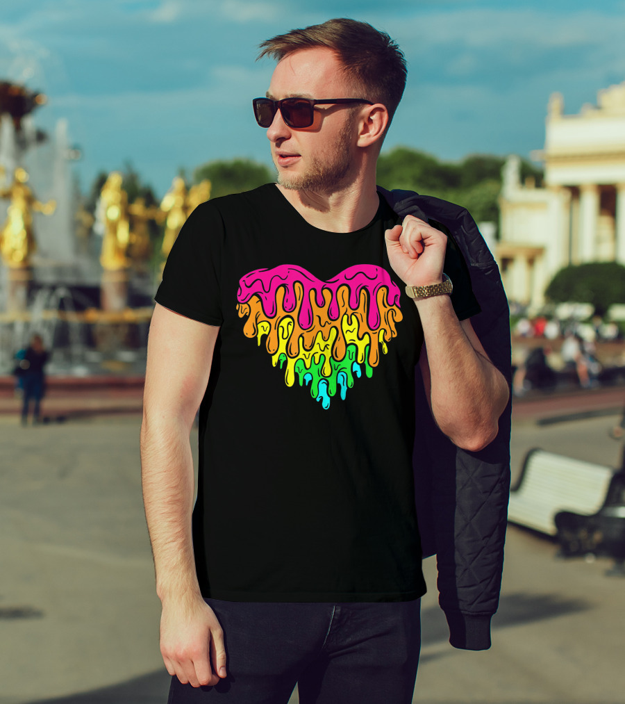 Cool Retro 80s Neon Dripping Rainbow Valentines Day Heart T-Shirt