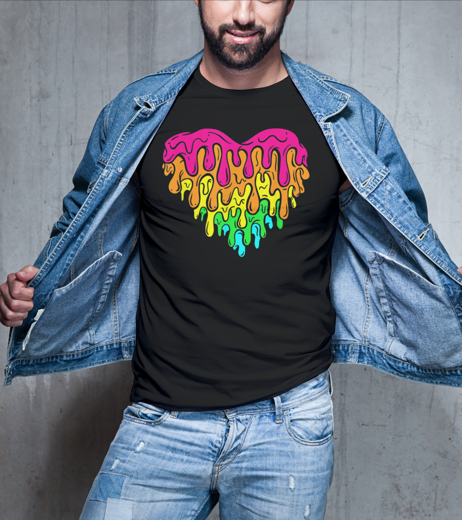 Cool Retro 80s Neon Dripping Rainbow Valentines Day Heart T-Shirt