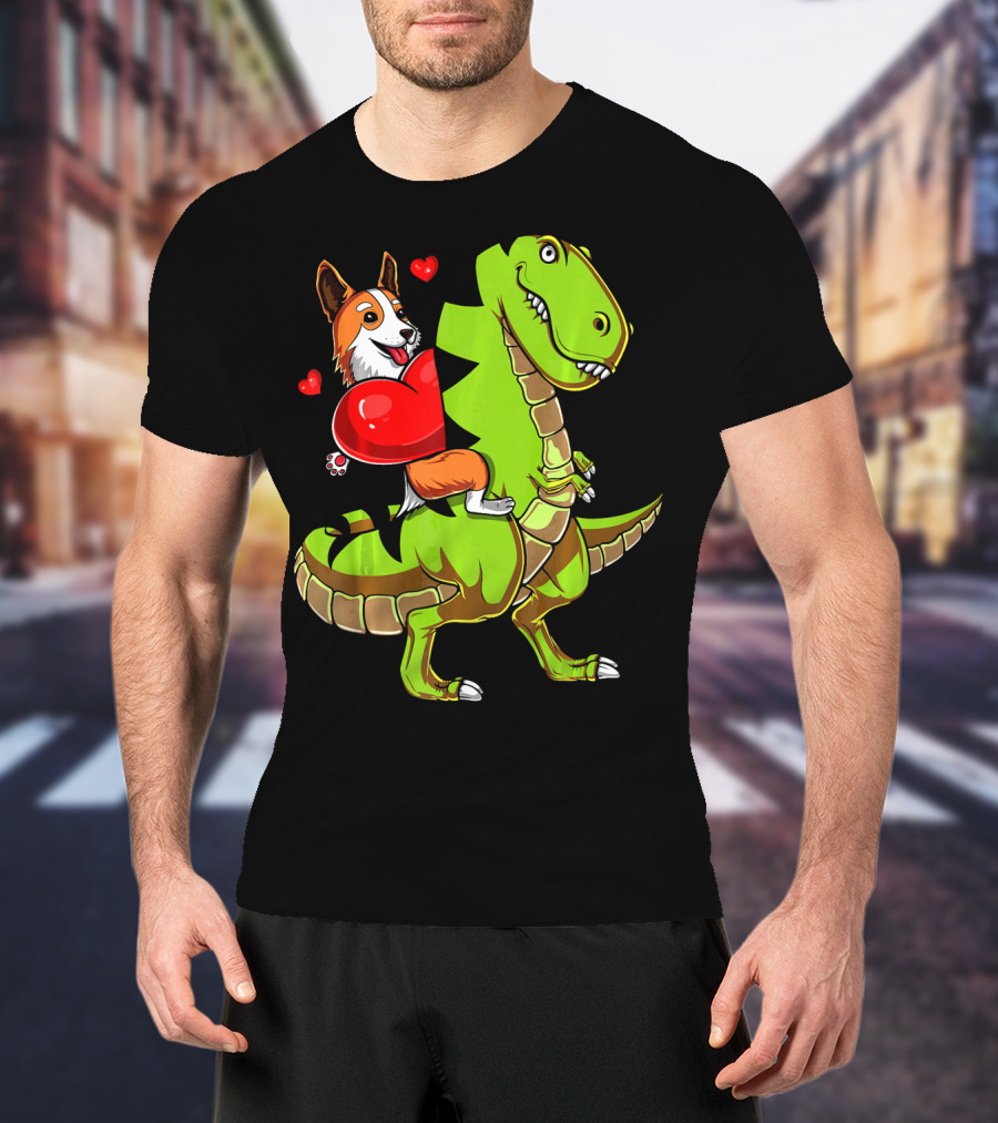 Corgi Dog Riding T-Rex Dinosaur With Hearts Valentin T-Shirt