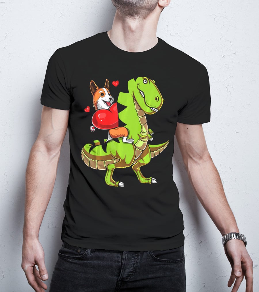 Corgi Dog Riding T-Rex Dinosaur With Hearts Valentin T-Shirt