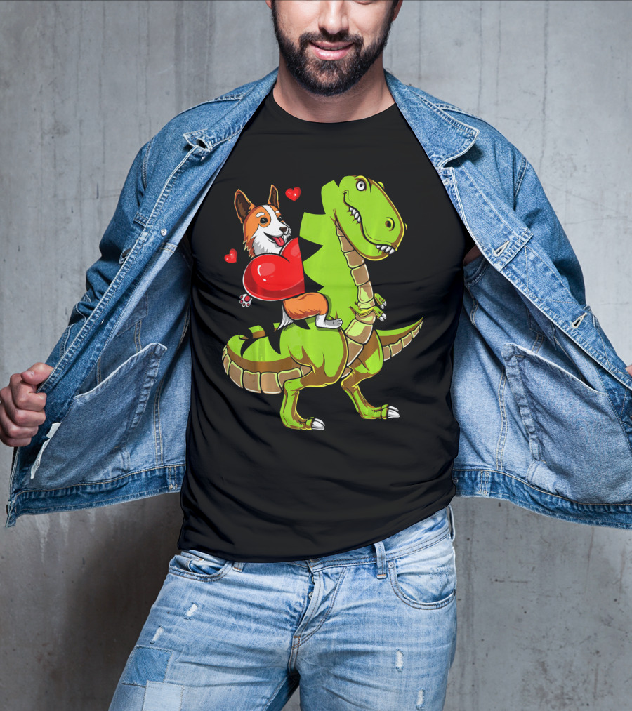 Corgi Dog Riding T-Rex Dinosaur With Hearts Valentin T-Shirt