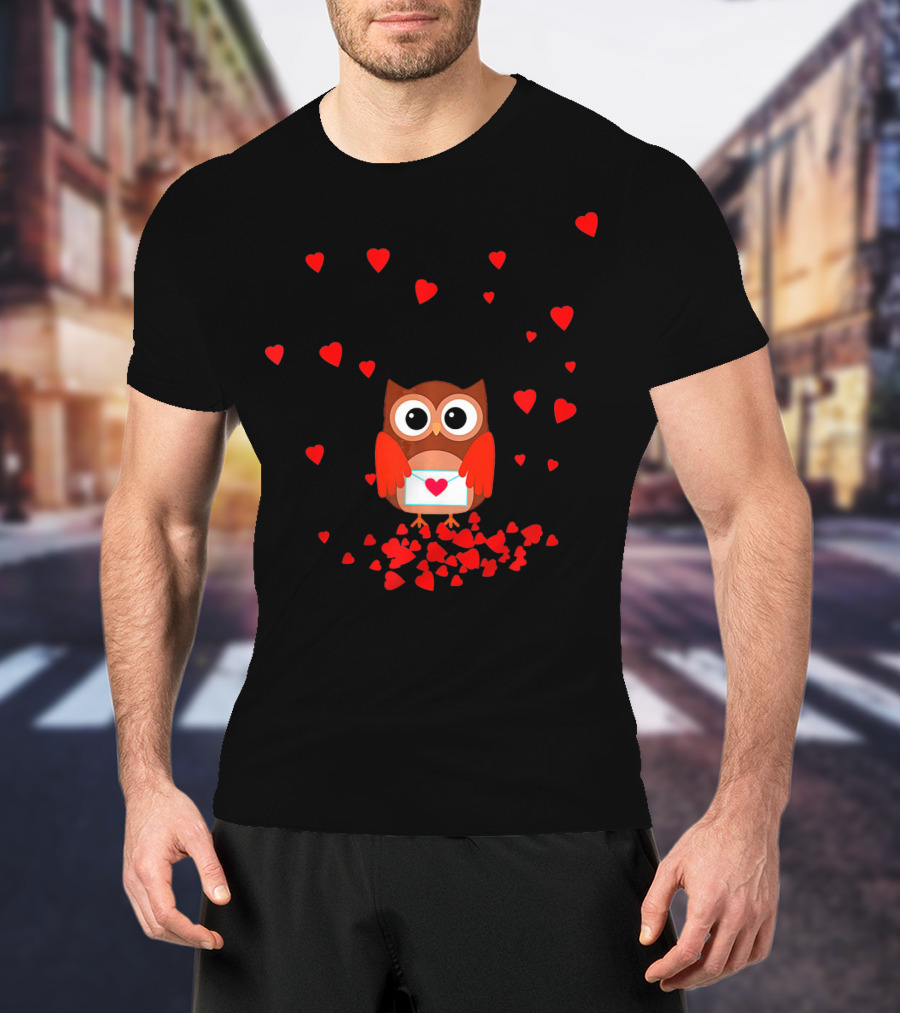 Valentine Owl Holding Love Letter Surrounded By Hearts T-Shirt