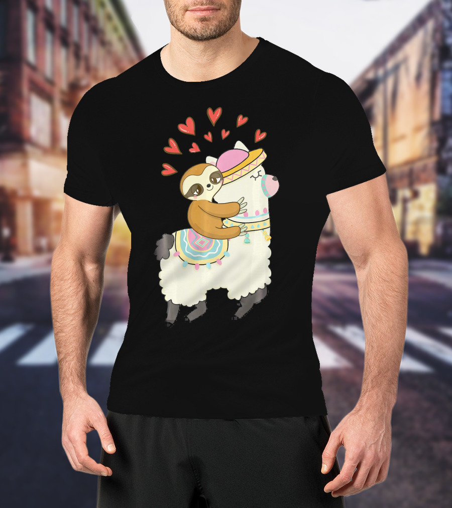Cute Sloth Riding Llama Heart Va Love Llama Adventure T-Shirt