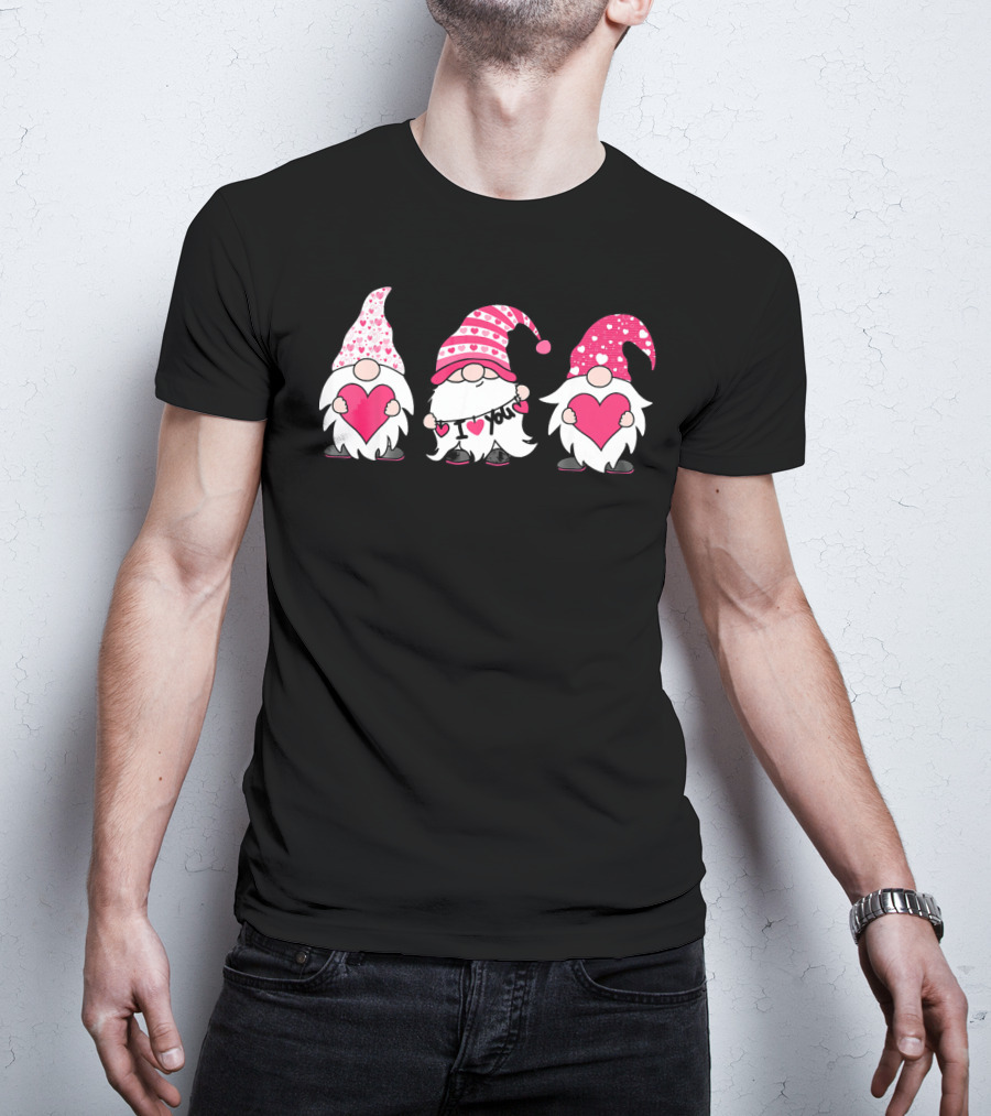 Cute Three Gnomes Holding I Love You Hearts T-Shirt