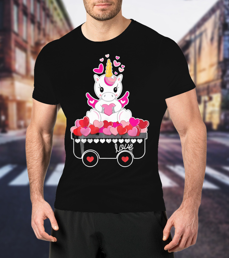 Valentines Day Unicorn Love Wagon With Hearts T-Shirt