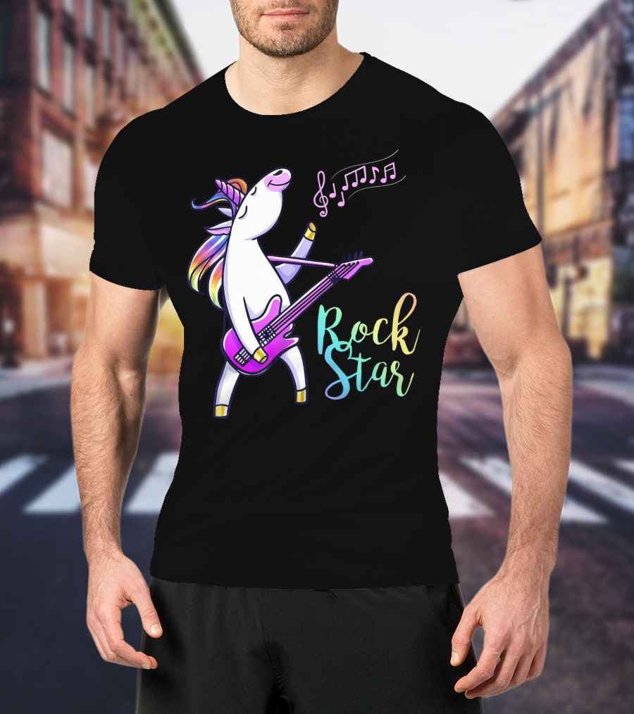 Unicorn Rock Star With Guitar And Musical Notes T-Shirt