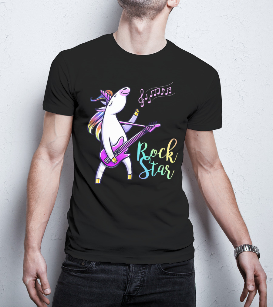 Unicorn Rock Star With Guitar And Musical Notes T-Shirt