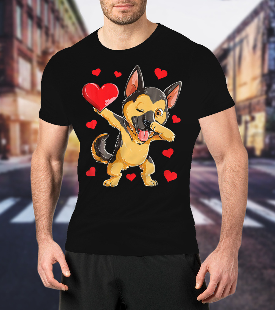Dabbing German Shepherd Holding Heart Surrounded By Red Valentines Hearts T-Shirt