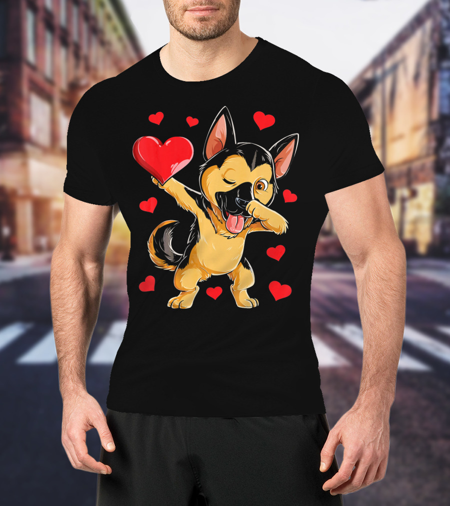 Valentines Day Dabbing German Shepherd With Hearts T-Shirt