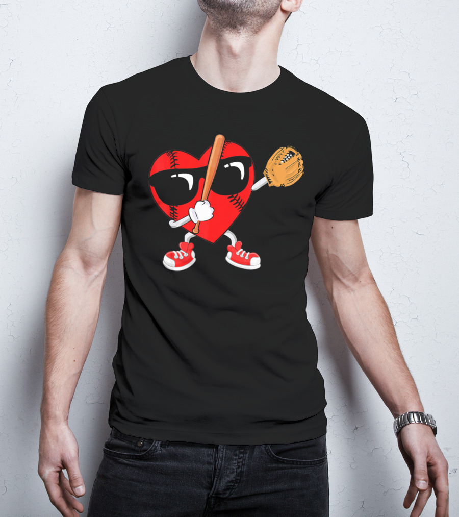 Dabbing Heart Baseball Love Valentines Sunglasses And Sneakers T-Shirt