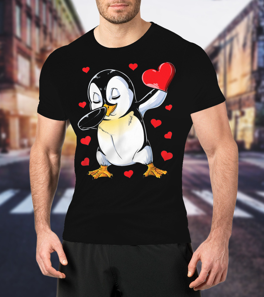 Valentines Dabbing Penguin With Heart Surrounded By Red Hearts T-Shirt