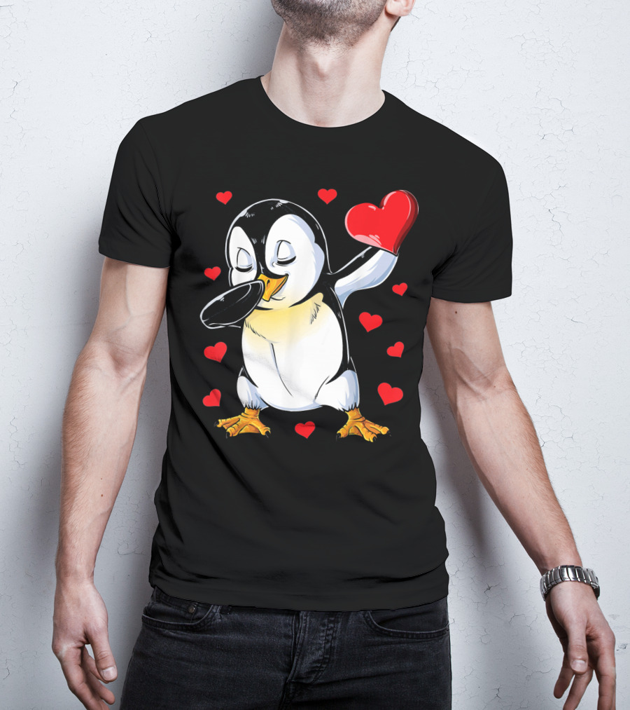Valentines Dabbing Penguin With Heart Surrounded By Red Hearts T-Shirt