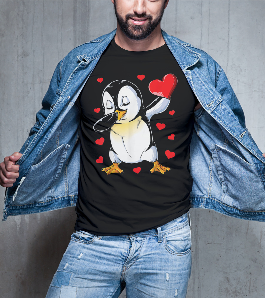 Valentines Dabbing Penguin With Heart Surrounded By Red Hearts T-Shirt