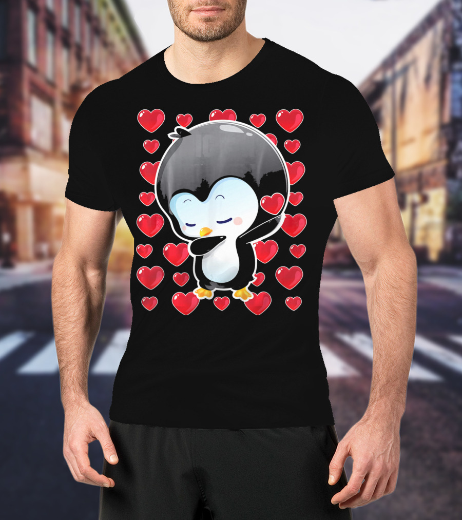 Valentines Day Penguin Dabbing Surrounded By Hearts T-Shirt