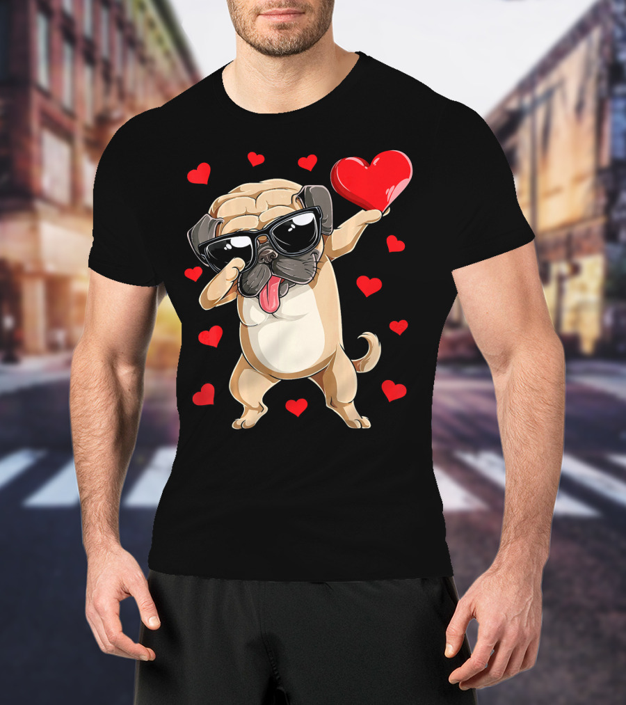 Dabbing Pug Holding Heart Surrounded By Red Hearts Valentines Day T-Shirt