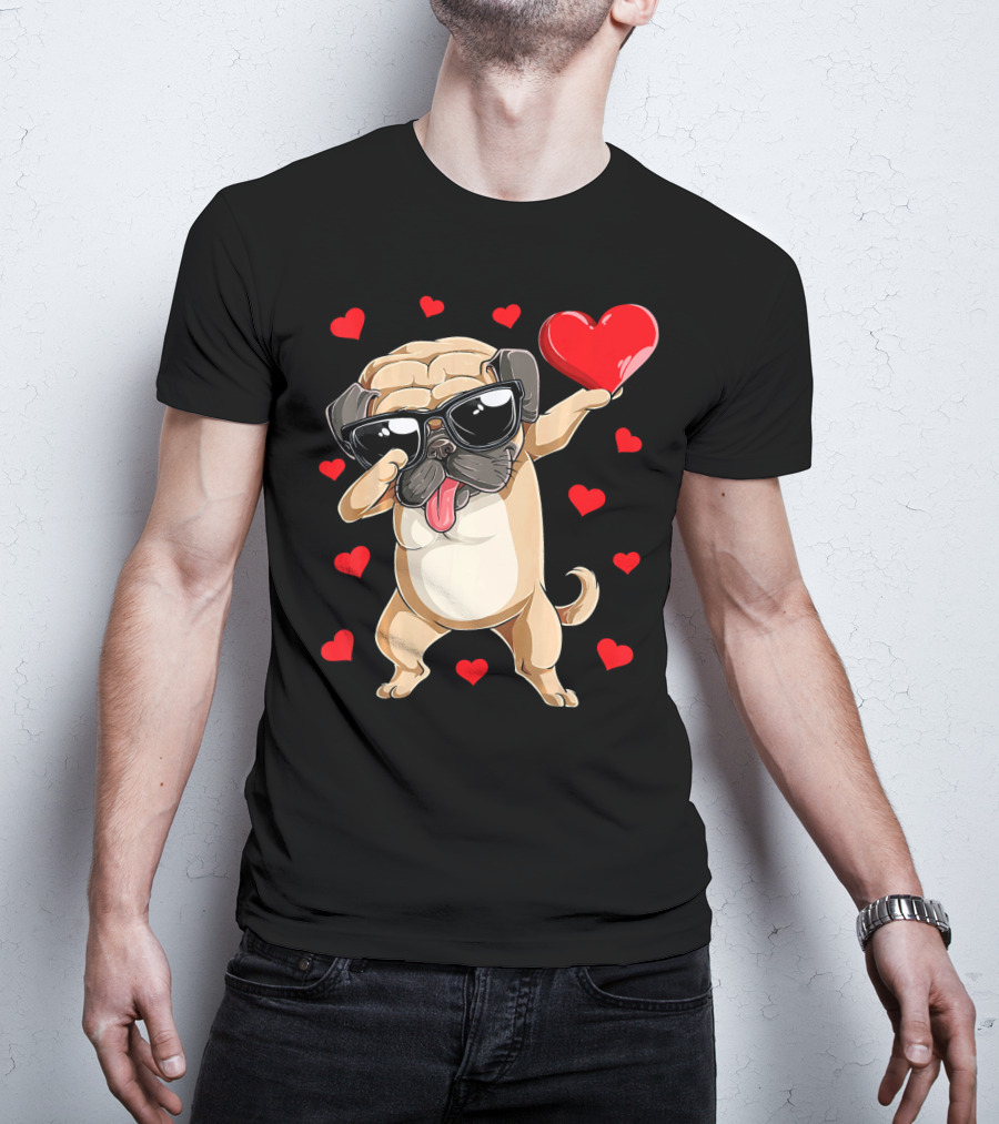 Dabbing Pug Holding Heart Surrounded By Red Hearts Valentines Day T-Shirt