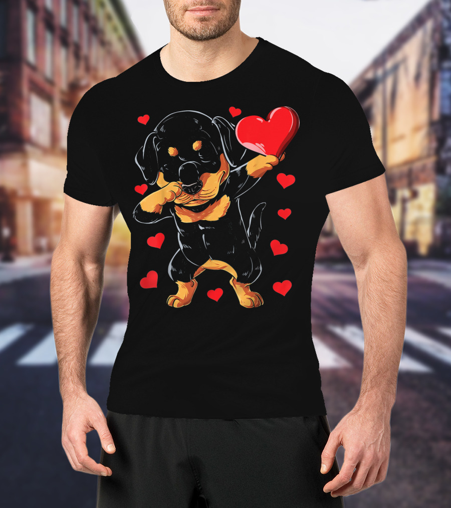 Dabbing Rottweiler Heart Valentine With Red Hearts T-Shirt