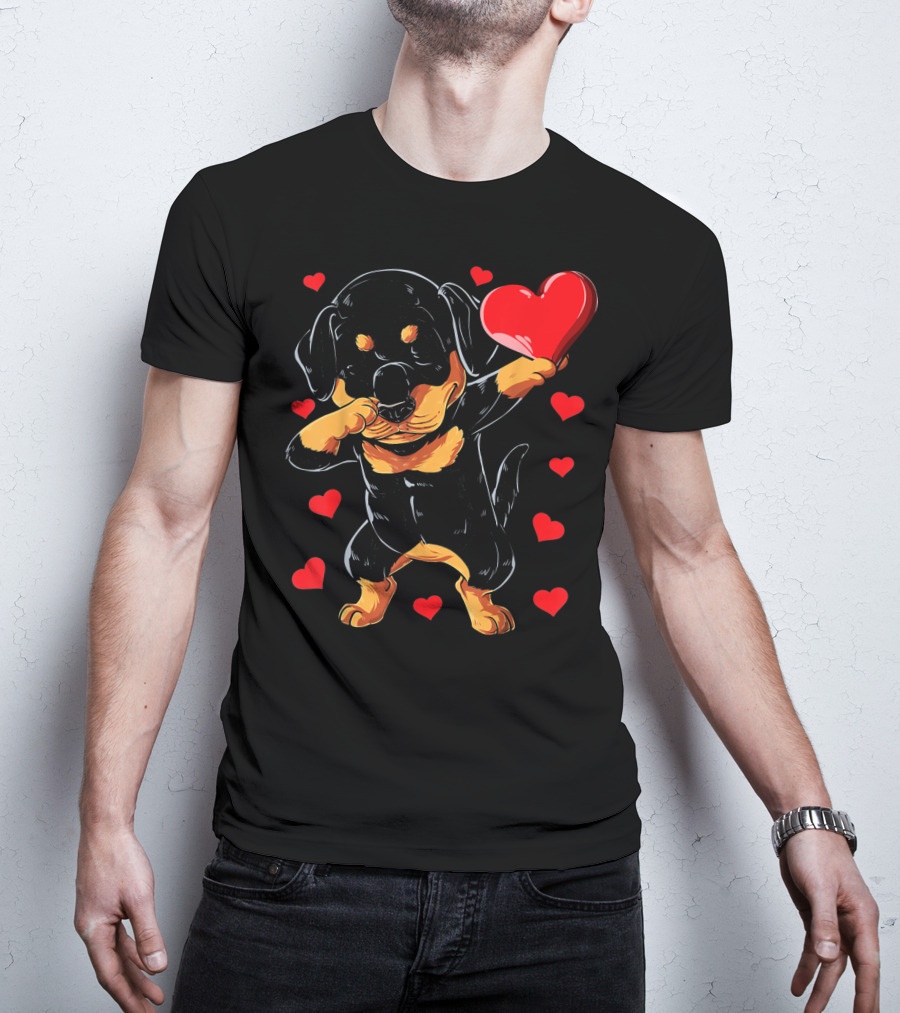 Dabbing Rottweiler Heart Valentine With Red Hearts T-Shirt