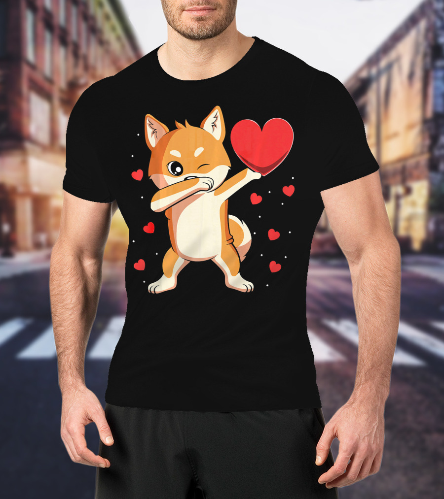 Dabbing Shiba Inu Holding Heart Valentine’s Day Dog With Hearts T-Shirt