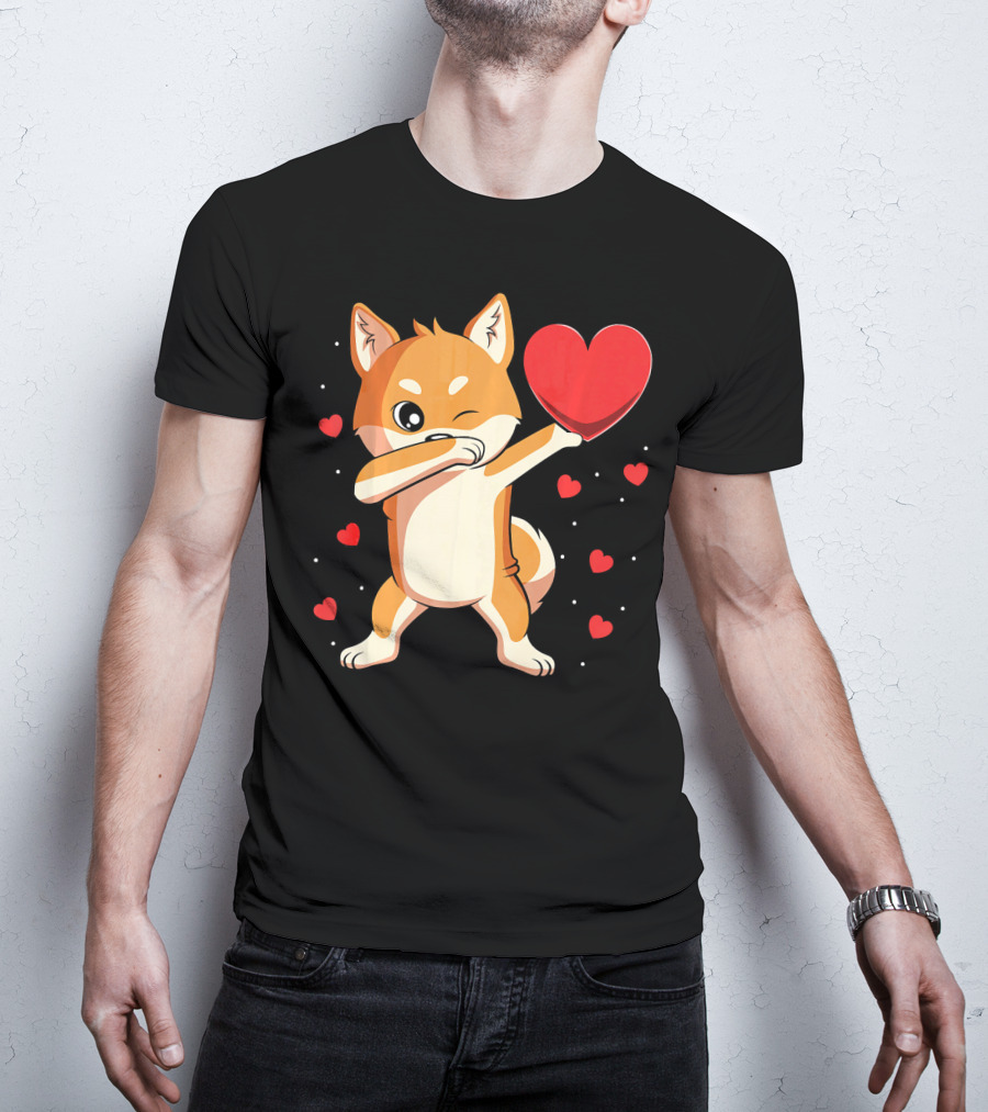 Dabbing Shiba Inu Holding Heart Valentine’s Day Dog With Hearts T-Shirt