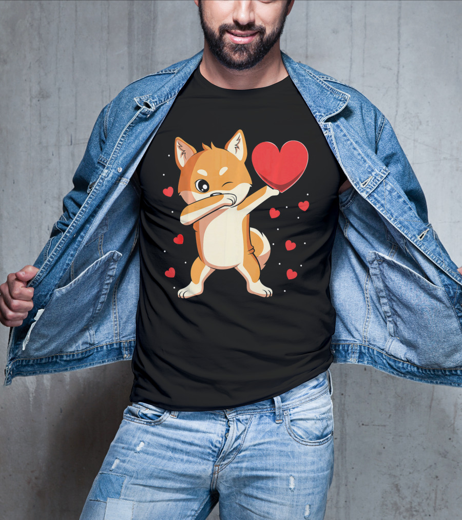 Dabbing Shiba Inu Holding Heart Valentine’s Day Dog With Hearts T-Shirt