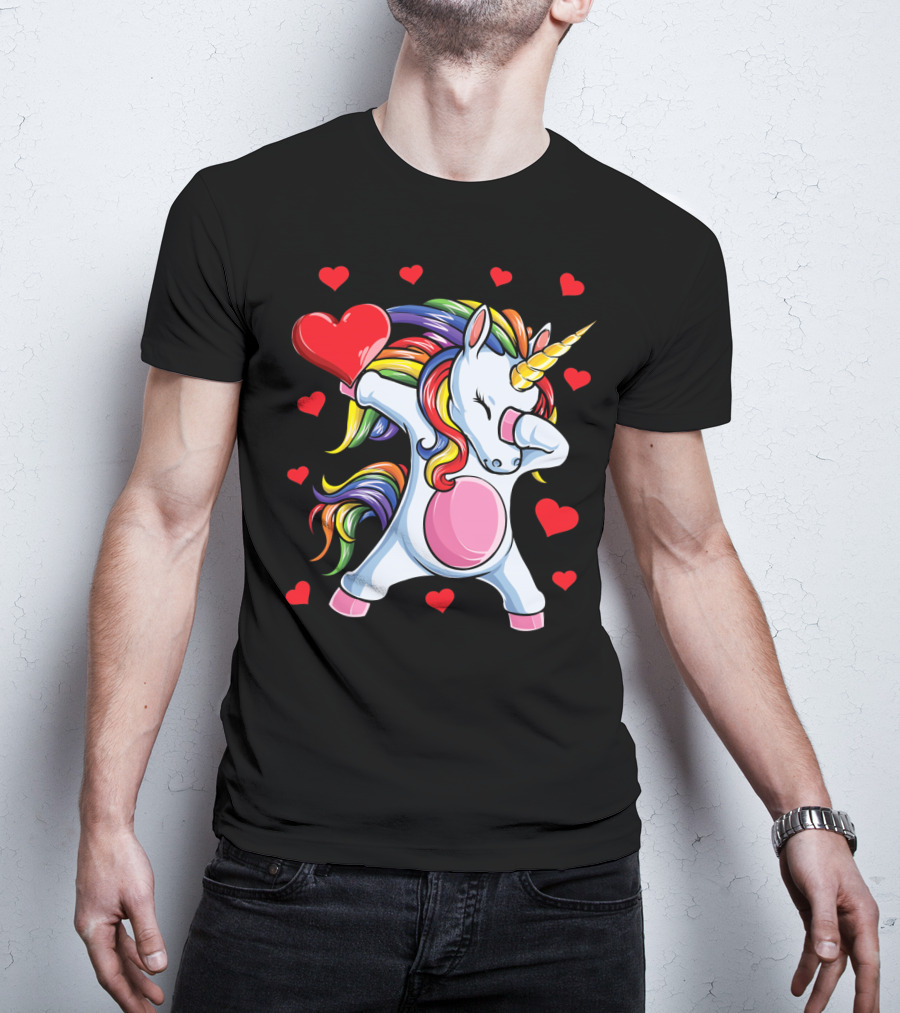 Rainbow Dabbing Unicorn With Hearts Valentine's T-Shirt