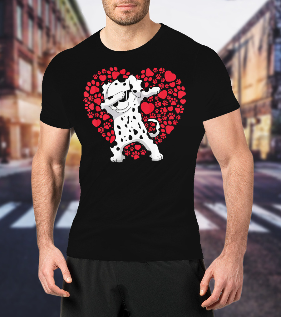 Dalmatian Dog Dabbing With Heart-Shaped Paw Print Valentine Fun T-Shirt