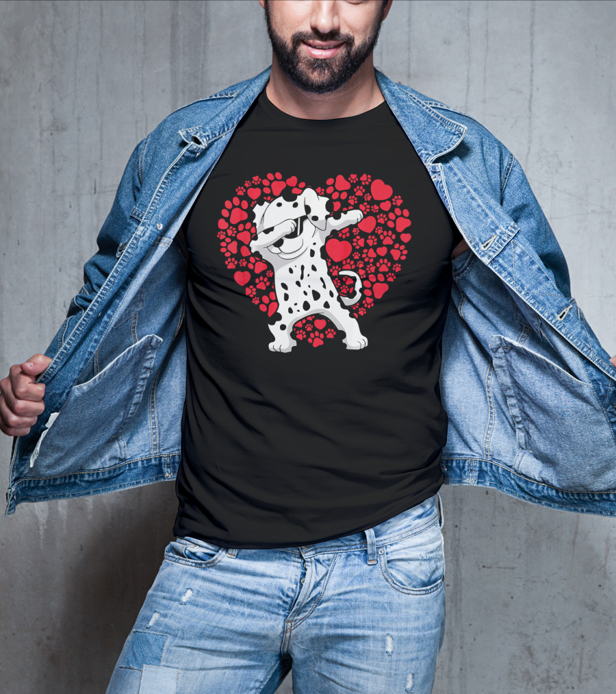 Dalmatian Dog Dabbing With Heart-Shaped Paw Print Valentine Fun T-Shirt