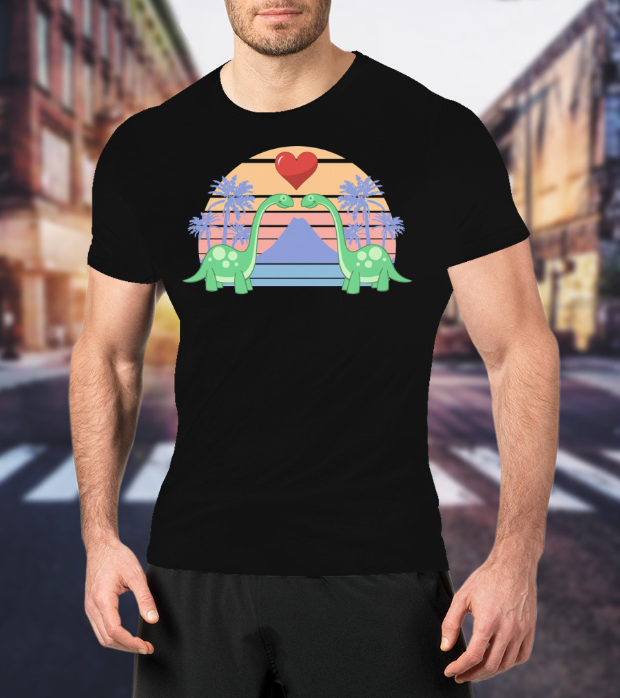 Dino Valentine Romantic Sunset With Heart And Palm Trees T-Shirt