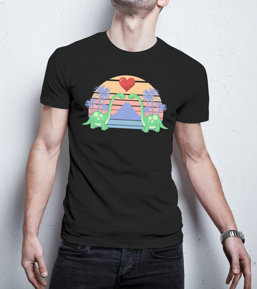 Dino Valentine Romantic Sunset With Heart And Palm Trees T-Shirt
