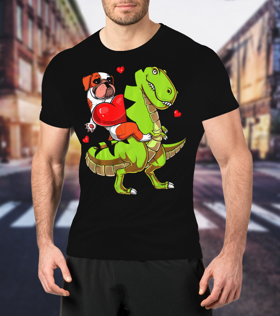 English Bulldog Hugging Red Heart Riding Green T-Rex Dinosaur With Hearts T-Shirt
