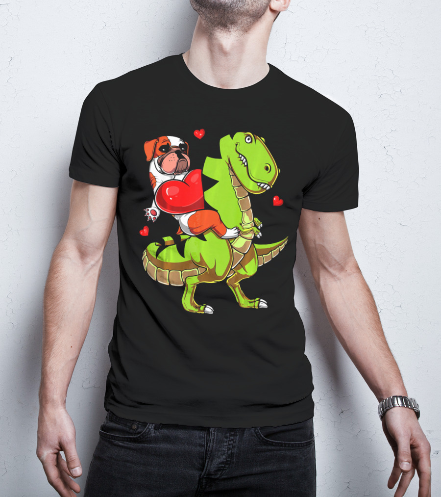 English Bulldog Hugging Red Heart Riding Green T-Rex Dinosaur With Hearts T-Shirt