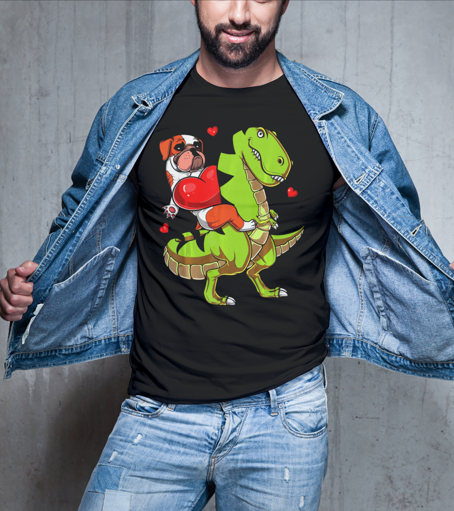English Bulldog Hugging Red Heart Riding Green T-Rex Dinosaur With Hearts T-Shirt