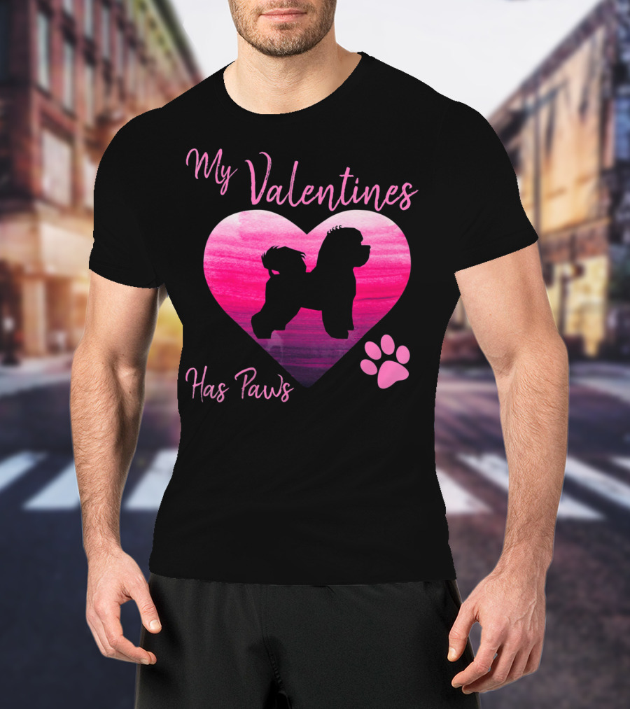 My Valentines Has Paws Bichon Frise Heart And Pawprint T-Shirt