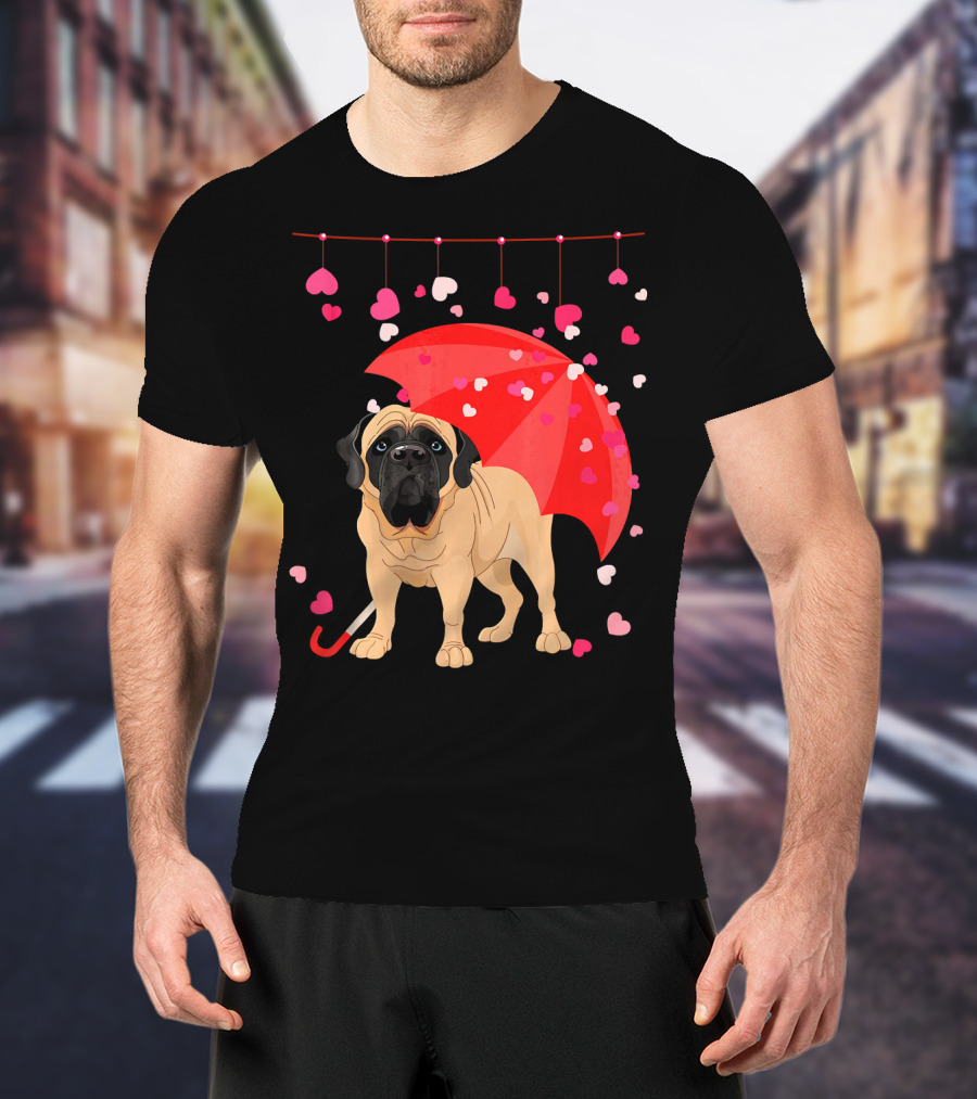 English Mastiff Under Red Umbrella With Raining Hearts Valentine T-Shirt