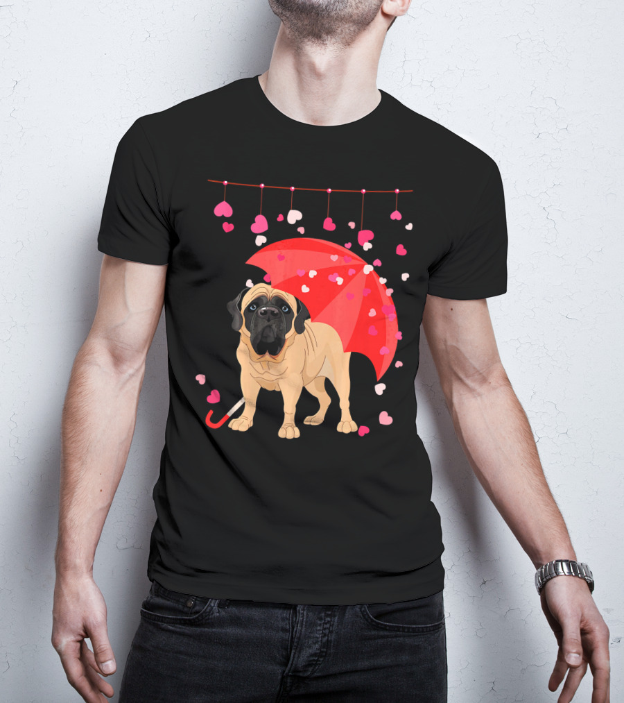 English Mastiff Under Red Umbrella With Raining Hearts Valentine T-Shirt
