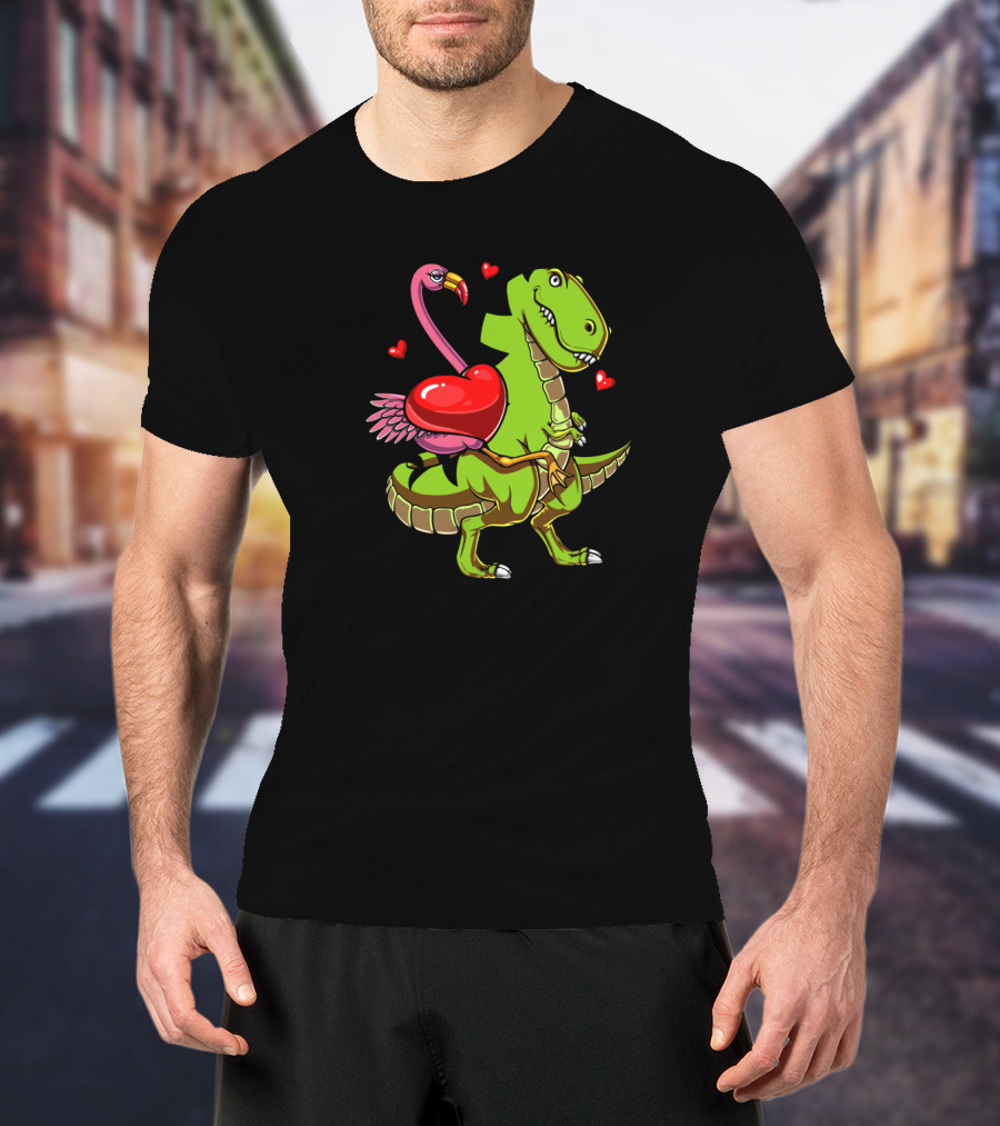 Flamingo Riding T-Rex Dinosaur With Hearts T-Shirt