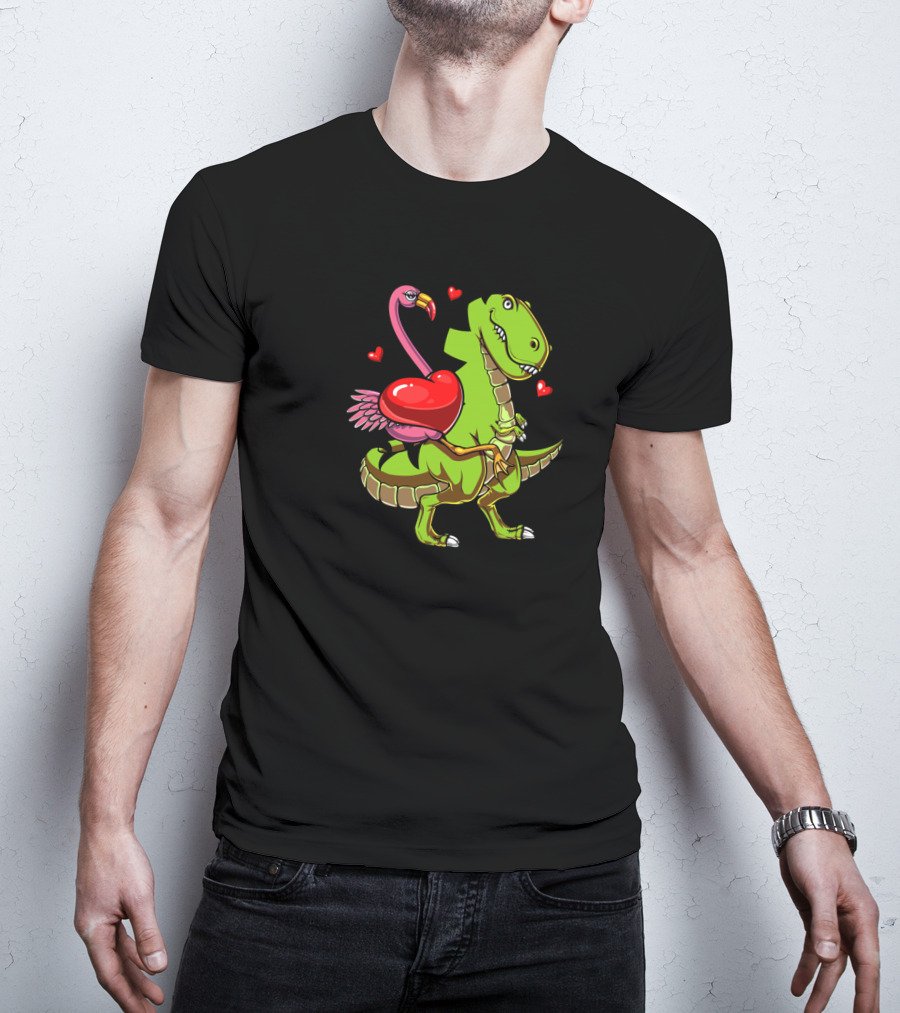 Flamingo Riding T-Rex Dinosaur With Hearts T-Shirt