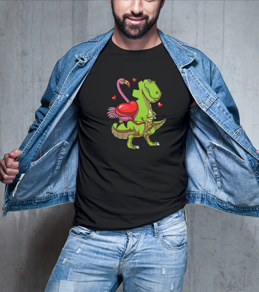 Flamingo Riding T-Rex Dinosaur With Hearts T-Shirt