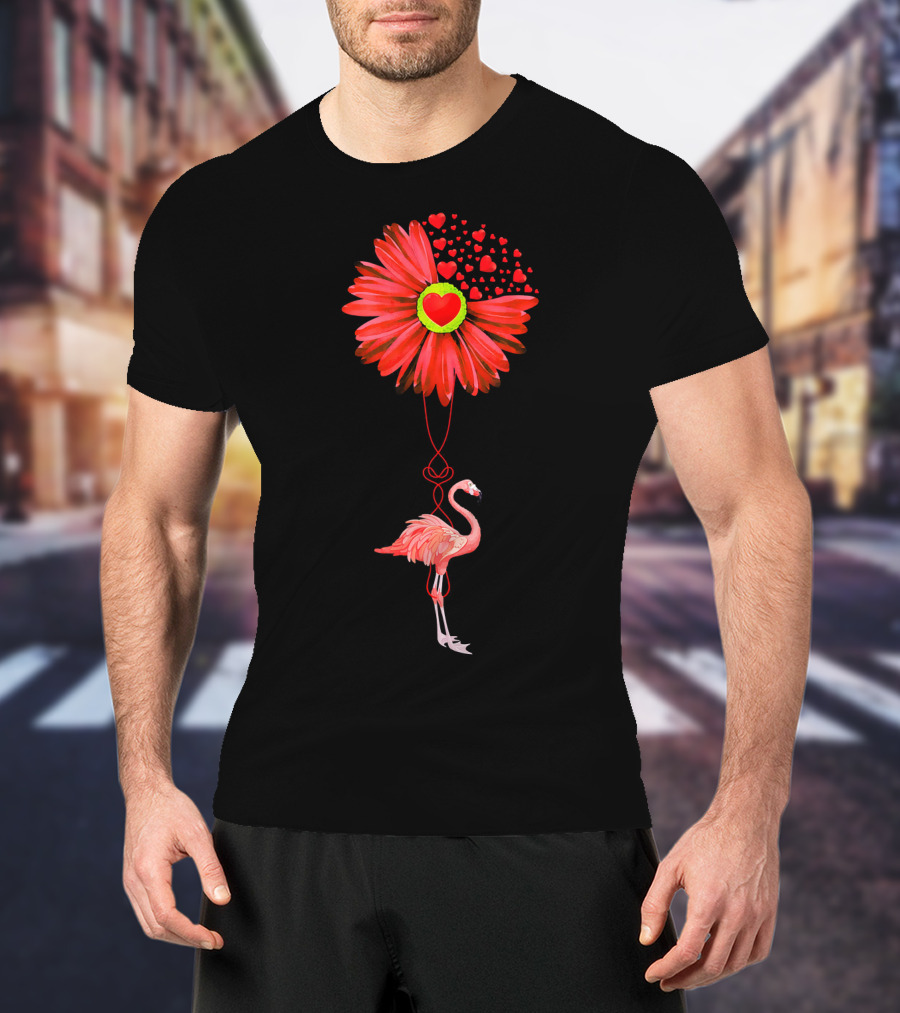 Flamingo With Red Heart Sunflower And Balloon Of Love T-Shirt