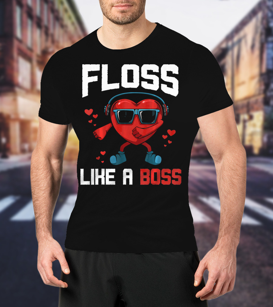 Floss Like A Boss Heart Sunglasses Headphones Valentine's Day T-Shirt