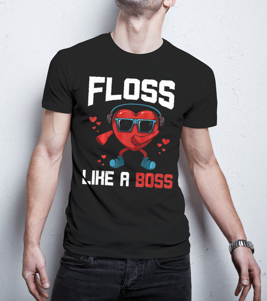 Floss Like A Boss Heart Sunglasses Headphones Valentine's Day T-Shirt