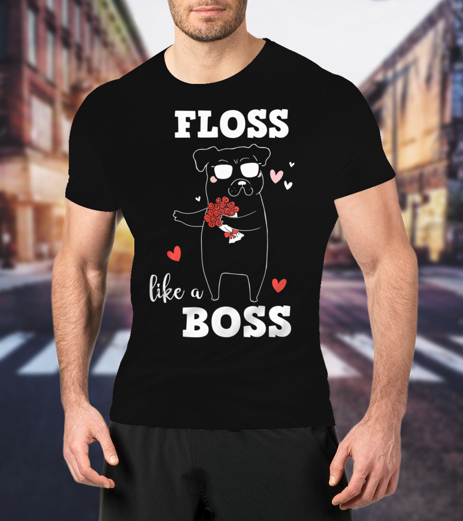 Floss Like A Boss Valentines Day Dog Holding Flowers With Hearts T-Shirt