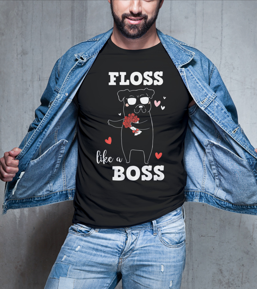 Floss Like A Boss Valentines Day Dog Holding Flowers With Hearts T-Shirt